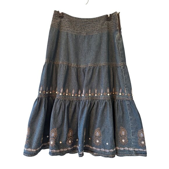FRN By Fransa Bohemian Denim Skirt With Embroidered Details Tiered Design M.L - Picture 2 of 13